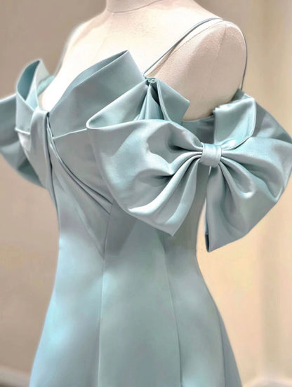 Light Blue Satin Spaghetti Strap Off The Shoulder Prom Dress - DollyGown