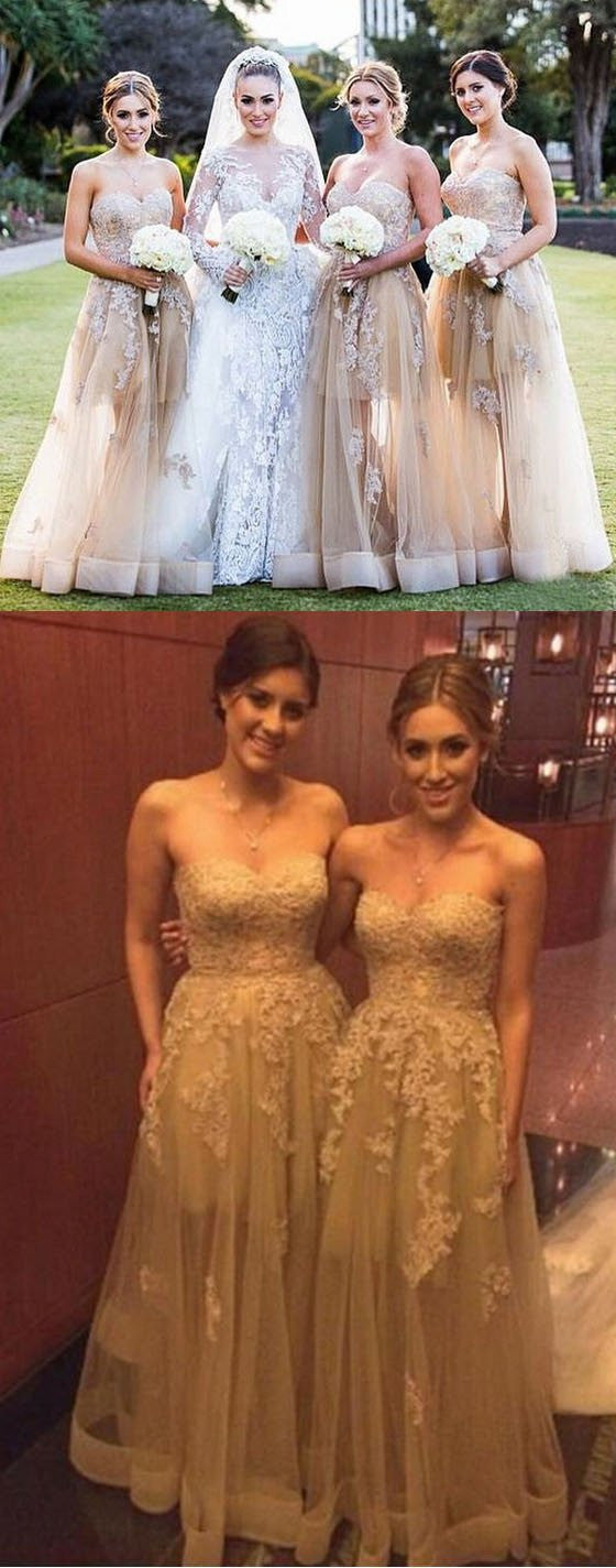Champagne Sweetheart Lace Tulle A-line Maxi Bridesmaid Dresses Champagne Sweetheart Lace Tulle A-line Maxi Bridesmaid Dresses