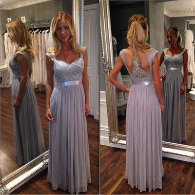 Gray Lace Top Long Chiffon Bridesmaid Dresses with Sheer Back Gray Lace Top Long Chiffon Bridesmaid Dresses with Sheer Back