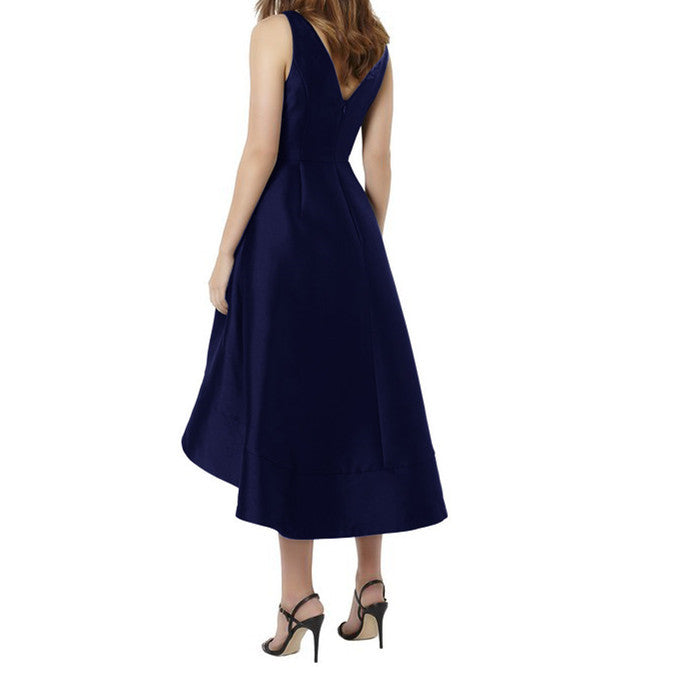 Navy V-Neck High Low Satin Tea Length Bridesmaid Dresses With Pockets Navy V-Neck High Low Satin Tea Length Bridesmaid Dresses With Pockets