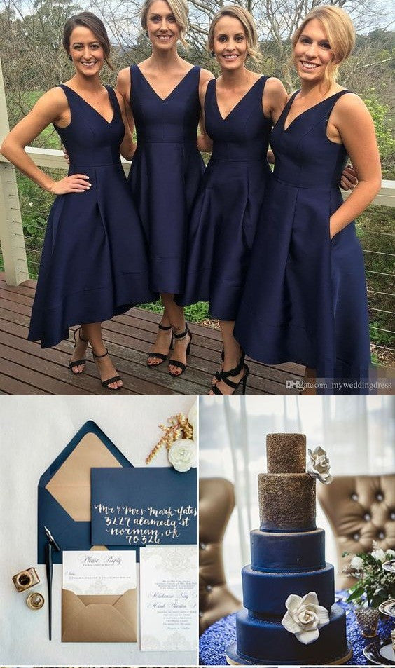 Navy V-Neck High Low Satin Tea Length Bridesmaid Dresses With Pockets Navy V-Neck High Low Satin Tea Length Bridesmaid Dresses With Pockets