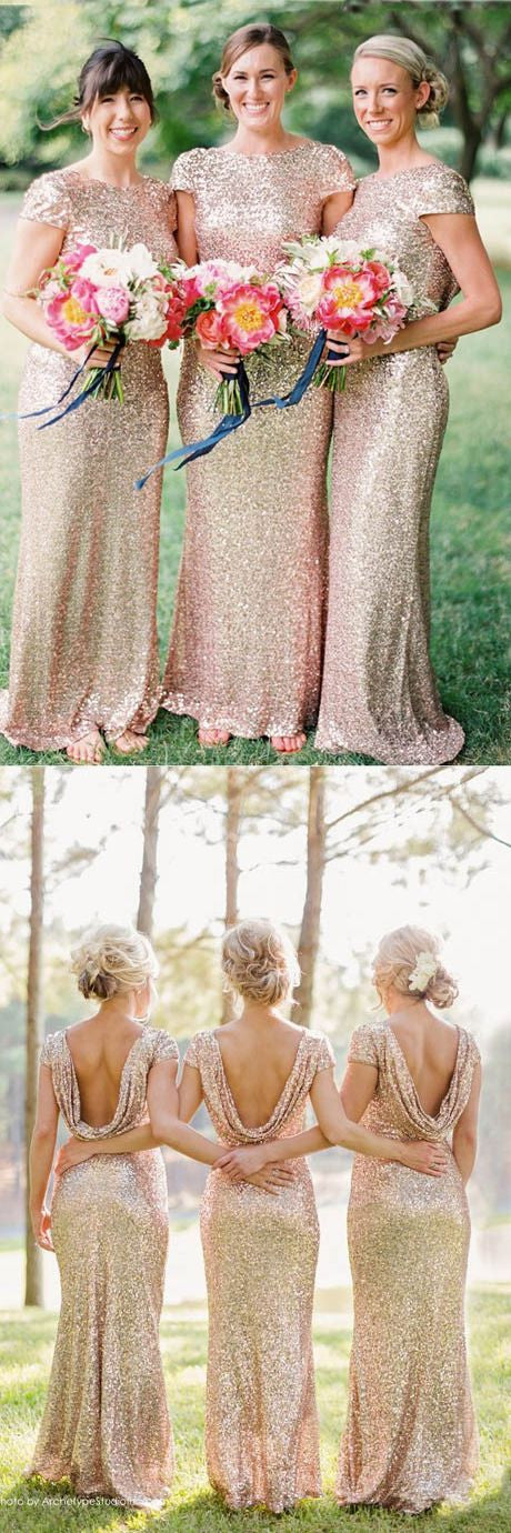 Long Rose Gold Sequin Bridesmaid Dresses Country Style Rustic Bridesmaid Dresses Fs013-Dolly Gown