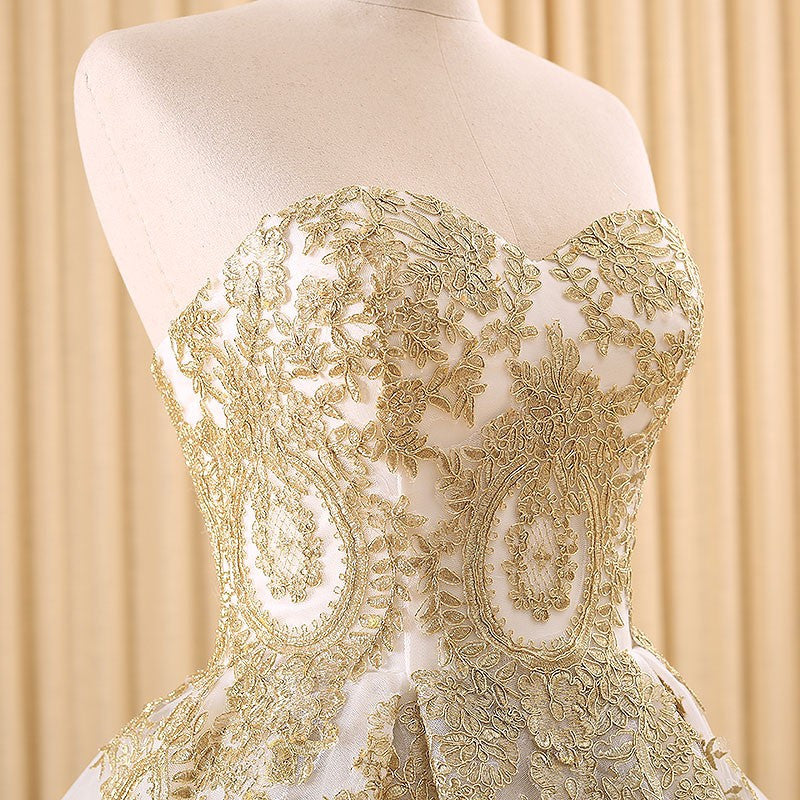 Classy Strapless Lace Gold Wedding Dress Ball Gown Wedding Dress Classy Strapless Lace Gold Wedding Dress Ball Gown Wedding Dress