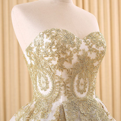 Classy Strapless Lace Gold Wedding Dress Ball Gown Wedding Dress Fs020-Dolly Gown