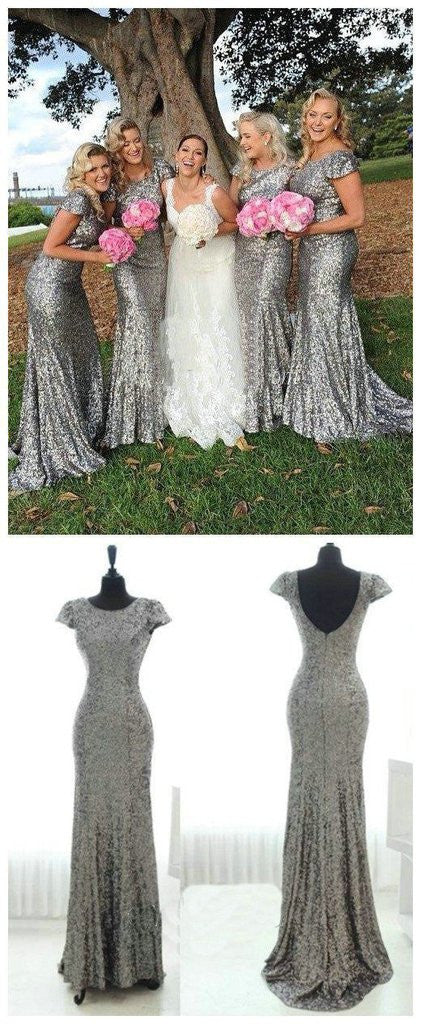 Rustic Cap Sleeve Mermaid Dark Grey Sequin Bridesmaid Dresses Rustic Cap Sleeve Mermaid Dark Grey Sequin Bridesmaid Dresses