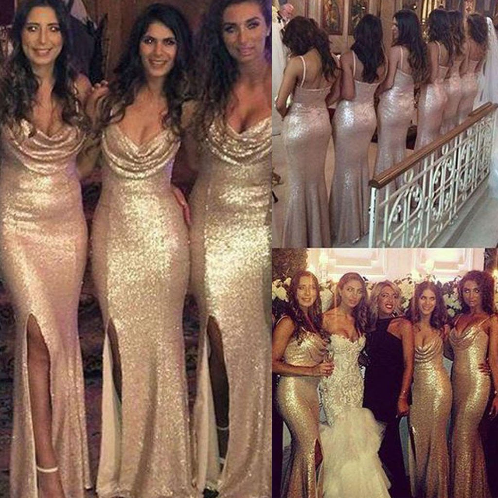 Sexy Sequin Gold Bridesmaid Dresses with Side Slit Bridesmaid Dresses with Split Front,Fs036-Dolly Gown
