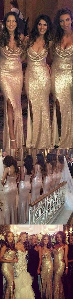 Sexy Cowl Neck Sequin Gold Bridesmaid Dresses with Side Slit Sexy Cowl Neck Sequin Gold Bridesmaid Dresses with Side Slit