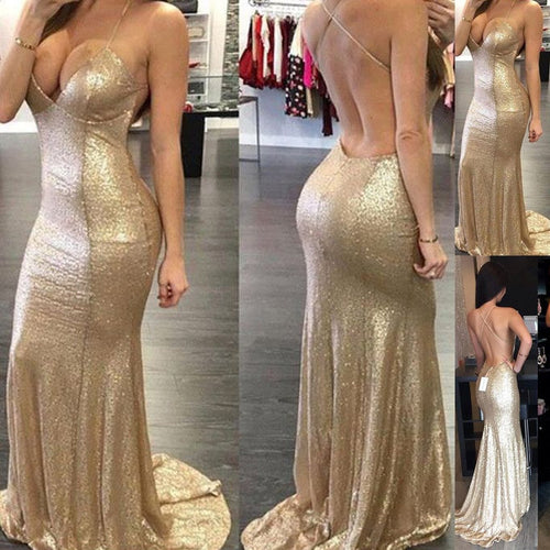 Sexy Prom Dress Backless Prom Dress Gold Sequin Formal Dress Robe De Soirée Dos Nu,Fs039-Dolly Gown