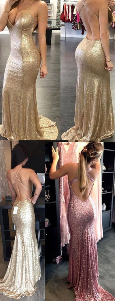 slim fit dress slacks Rose Gold Sequin Spaghetti Strap Side Slit Backless Sheath Prom Dresses,CP0467 US10 / Custom Color(Leaving A note) main image 1