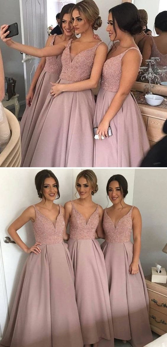 Spaghetti Strap Dusty Pink Bead Top High Low Matte Satin Bridesmaid Dresses Spaghetti Strap Dusty Pink Bead Top High Low Matte Satin Bridesmaid Dresses