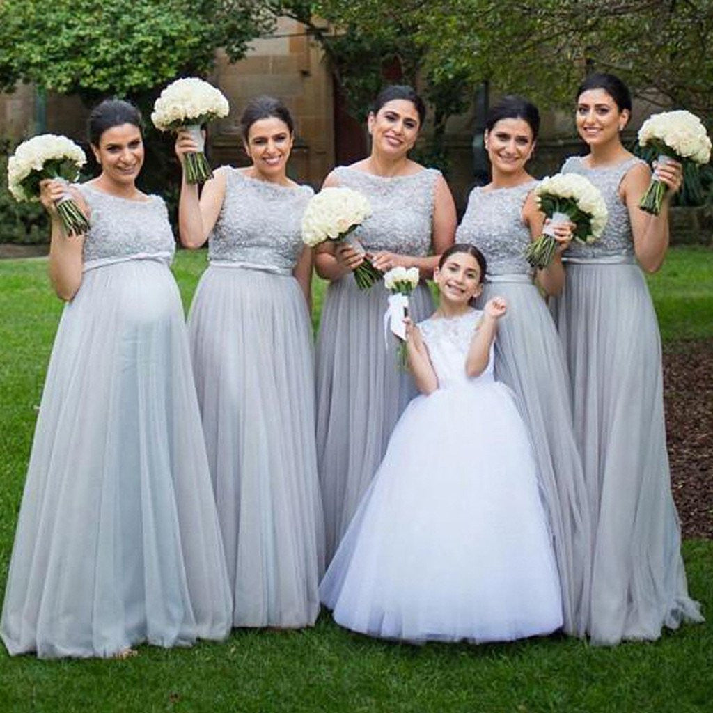 Grey Pregnant Lace Top Modest Illusion Neck Maxi Bridesmaid Dresses