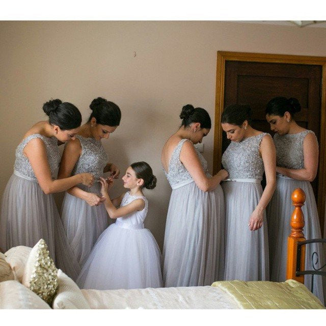 Grey Pregnant Lace Top Modest Illusion Neck Maxi Bridesmaid Dresses Grey Pregnant Lace Top Modest Illusion Neck Maxi Bridesmaid Dresses