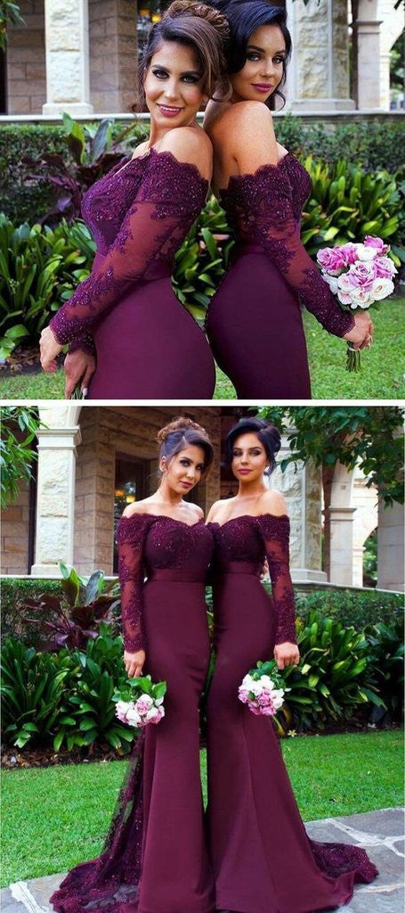Burgundy Lace Top Mermaid Bridesmaid Dresses with Sleeves