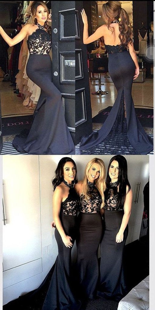 Black Halter Lace Top Long Mermaid Bridesmaid Dresses Black Halter Lace Top Long Mermaid Bridesmaid Dresses