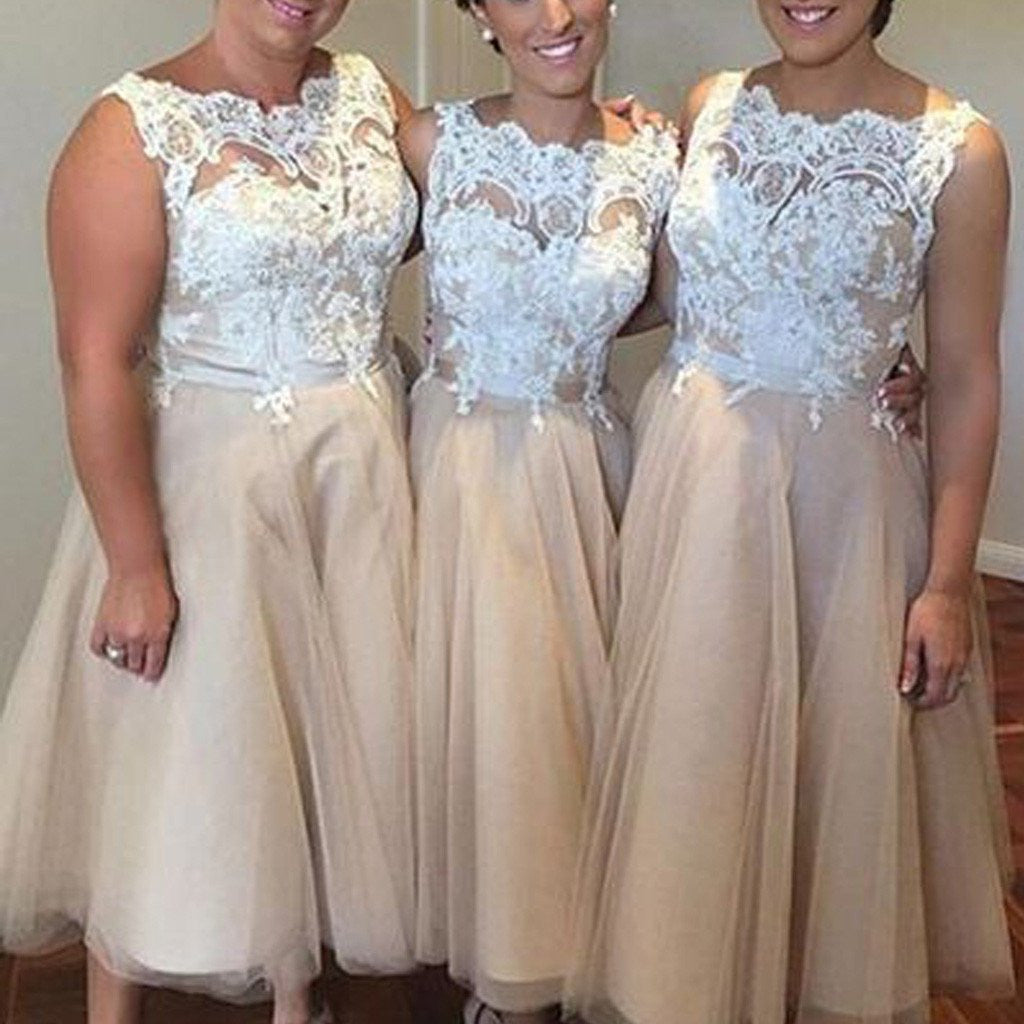 Champagne Bridesmaid Dresses,Short Bridesmaid Dresses,Tea Length Bridesmaid Dresses,FS052-Dolly Gown