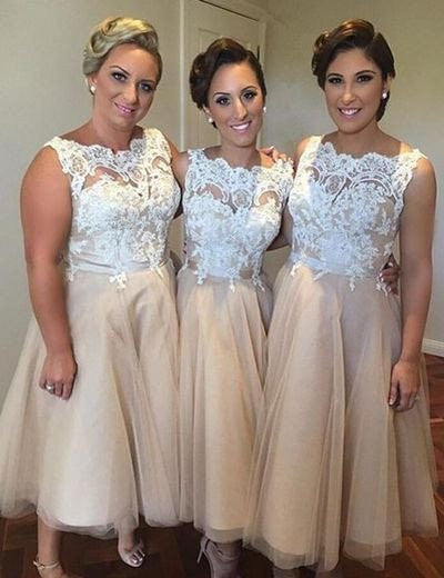 Champagne Bridesmaid Dresses,Short Bridesmaid Dresses,Tea Length Bridesmaid Dresses,FS052-Dolly Gown