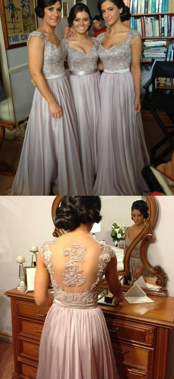 Gray Lace Top Long Chiffon Bridesmaid Dresses with Sheer Back Gray Lace Top Long Chiffon Bridesmaid Dresses with Sheer Back