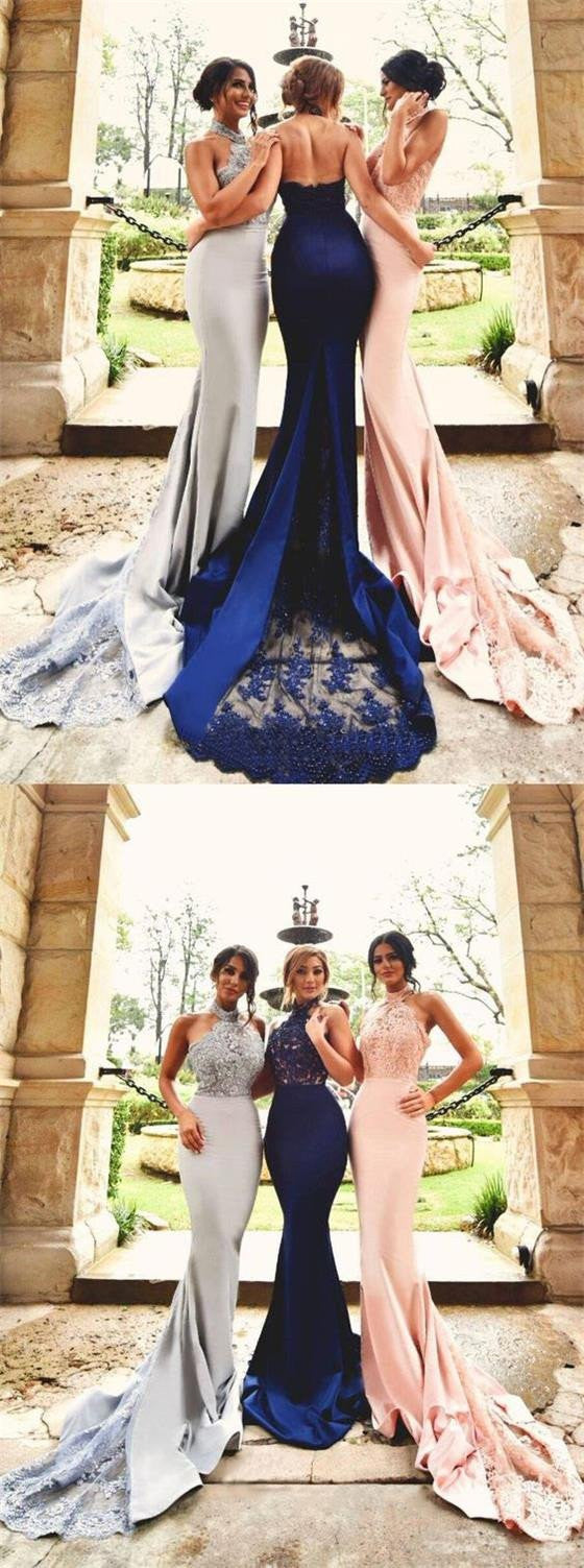 Mismatched Halter Lace Top Mermaid Slim Bridesmaid Dresses with Chapel Train Mismatched Halter Lace Top Mermaid Slim Bridesmaid Dresses with Chapel Train