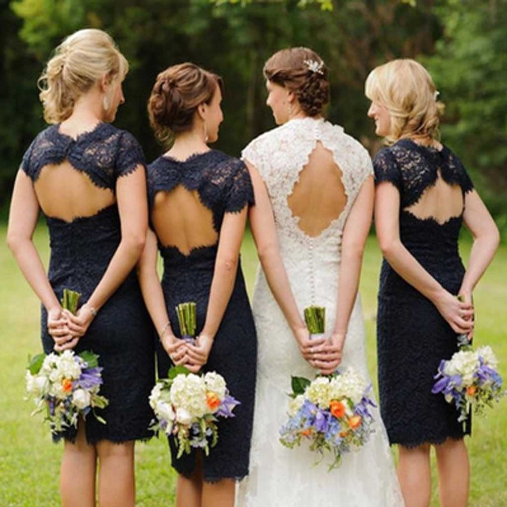 Country Style Navy Lace Short Bridesmaid Dresses with Open Back