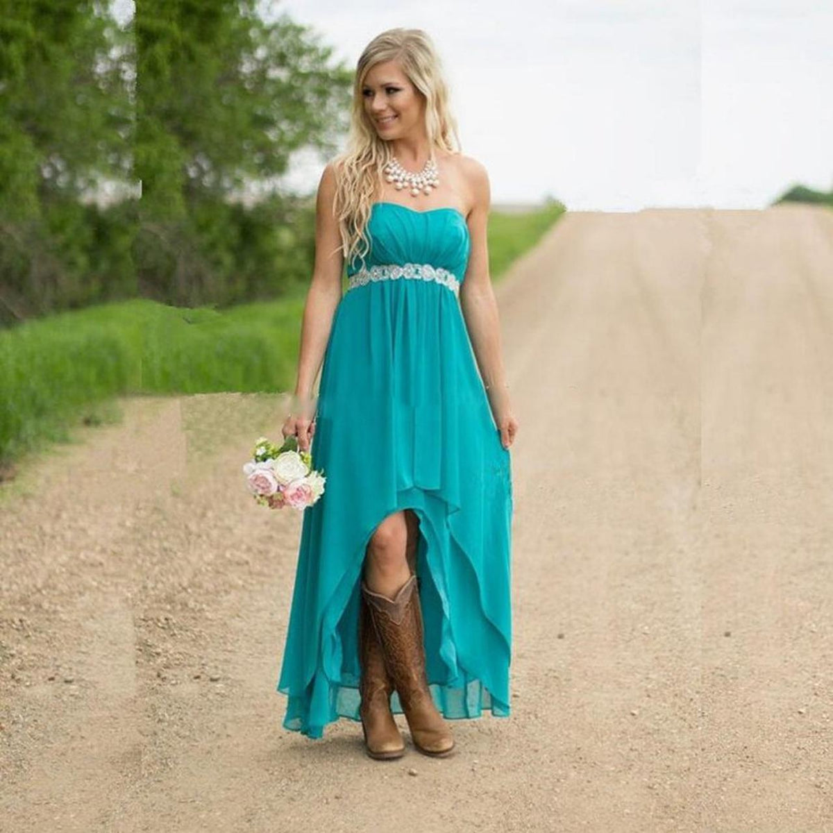 Strapless Country Style Blue High Low Chiffon Bridesmaid Dresses Strapless Country Style Blue High Low Chiffon Bridesmaid Dresses