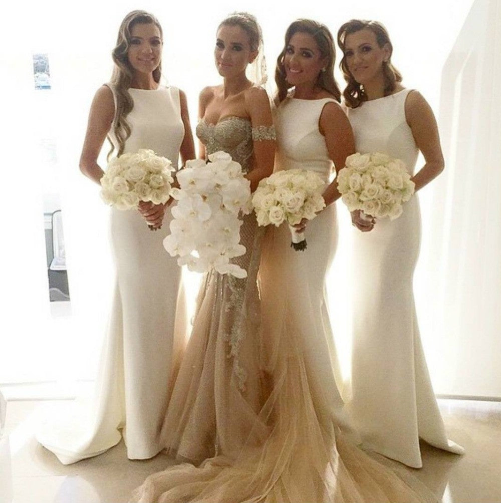 White Simple Long Bateau Neck Modest Bridesmaid Dresses with Train White Simple Long Bateau Neck Modest Bridesmaid Dresses with Train