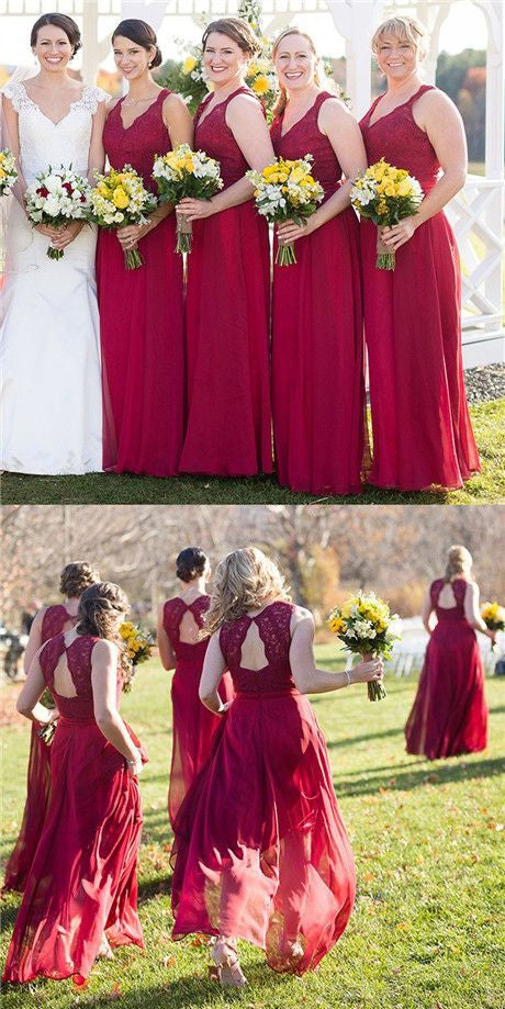 Rustic Maroon Lace Top Plus Size Bridesmaid Dresses, FS087-Dolly Gown