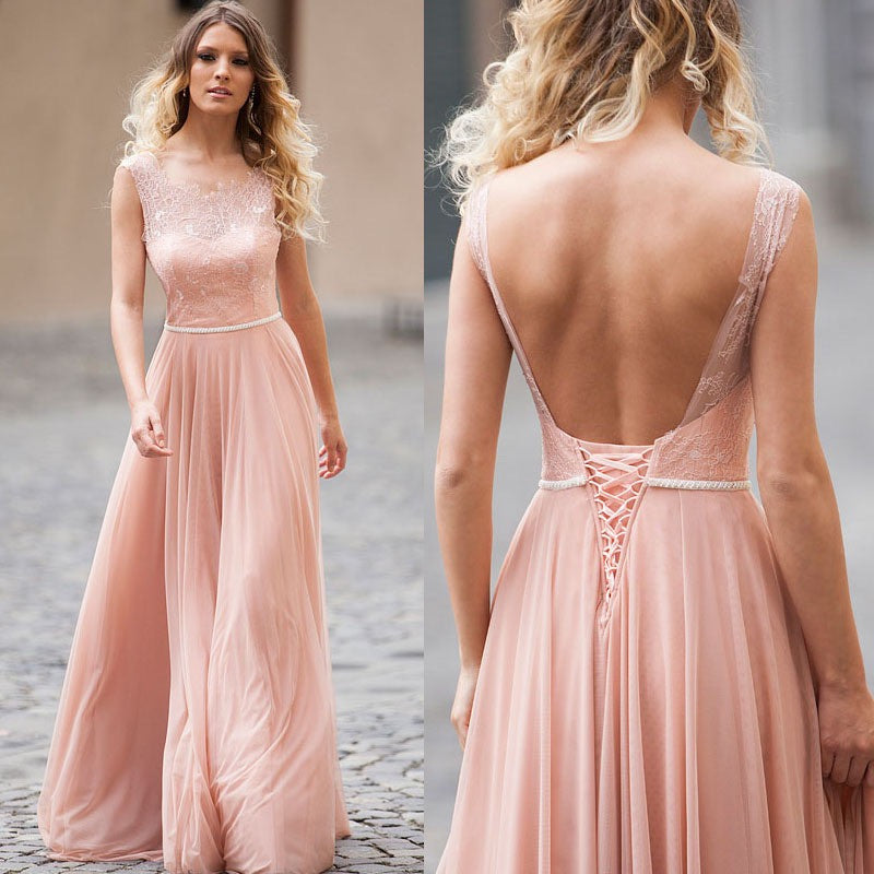 Blush Pink Illusion neck Lace Top A-line Chiffon Long Backless Bridesmaid Dresses