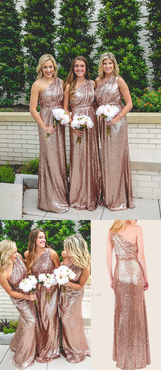 Rose Gold One Shoulder Bridesmaid Dresses Long Sequin Bridesmaid Dresses FS100-Dolly Gown
