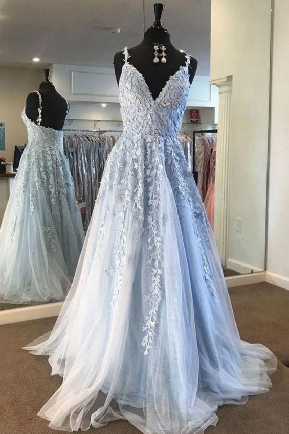 Fairy Light Blue Lace Appliques Tulle A-line Long Prom Dress.20081909-Dolly Gown