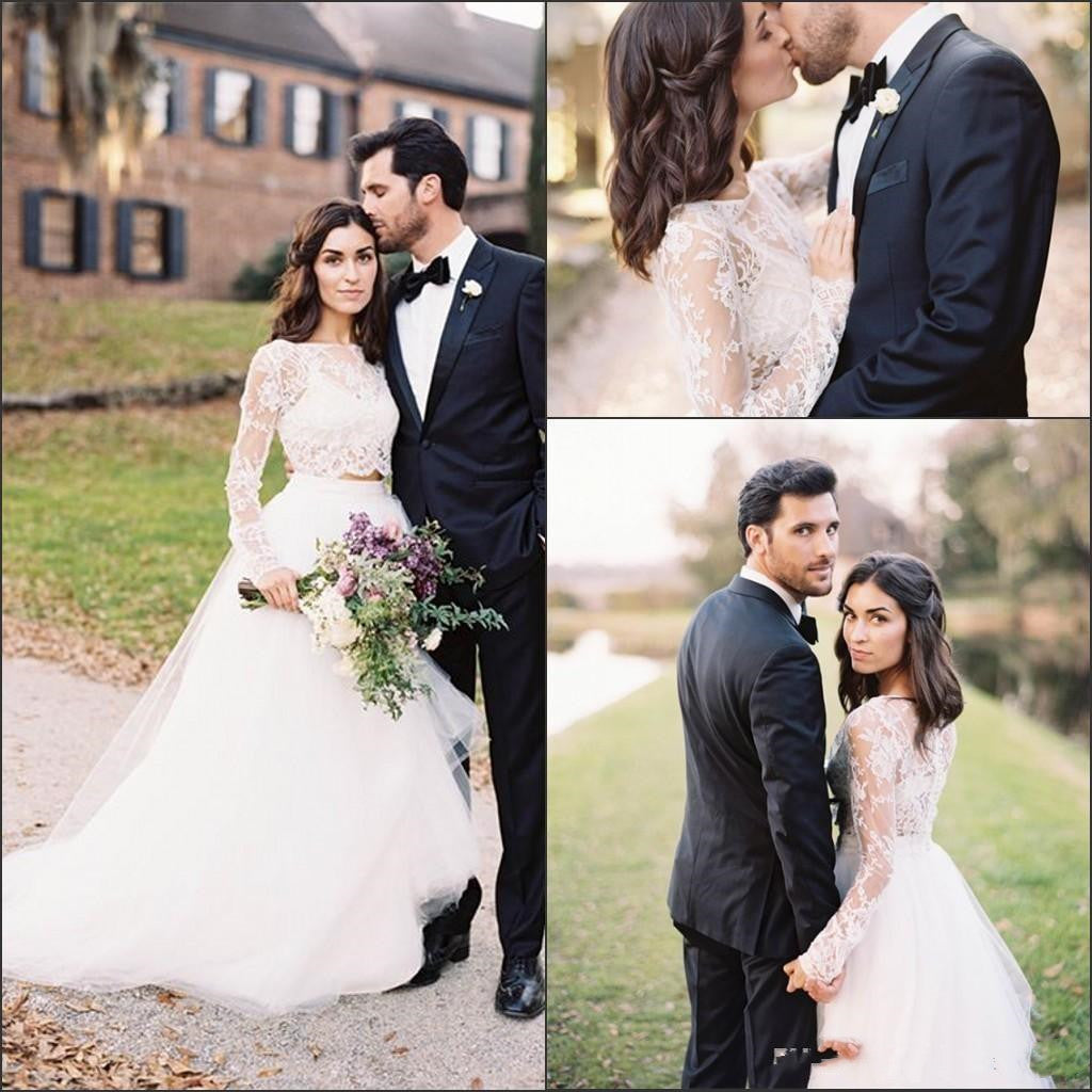 Fairy Long Sleeve Lace Crop Top Bridal Separates with Tulle Skirt, Two Piece Wedding Dress,20082668-Dolly Gown