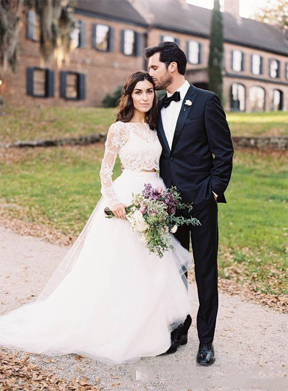 Fairy Long Sleeve Lace Crop Top Bridal Separates with Tulle Skirt, Two Piece Wedding Dress,20082668-Dolly Gown