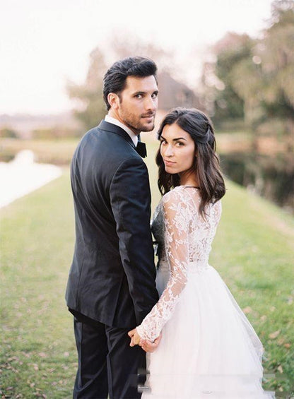 Fairy Long Sleeve Lace Crop Top Bridal Separates with Tulle Skirt, Two Piece Wedding Dress,20082668-Dolly Gown