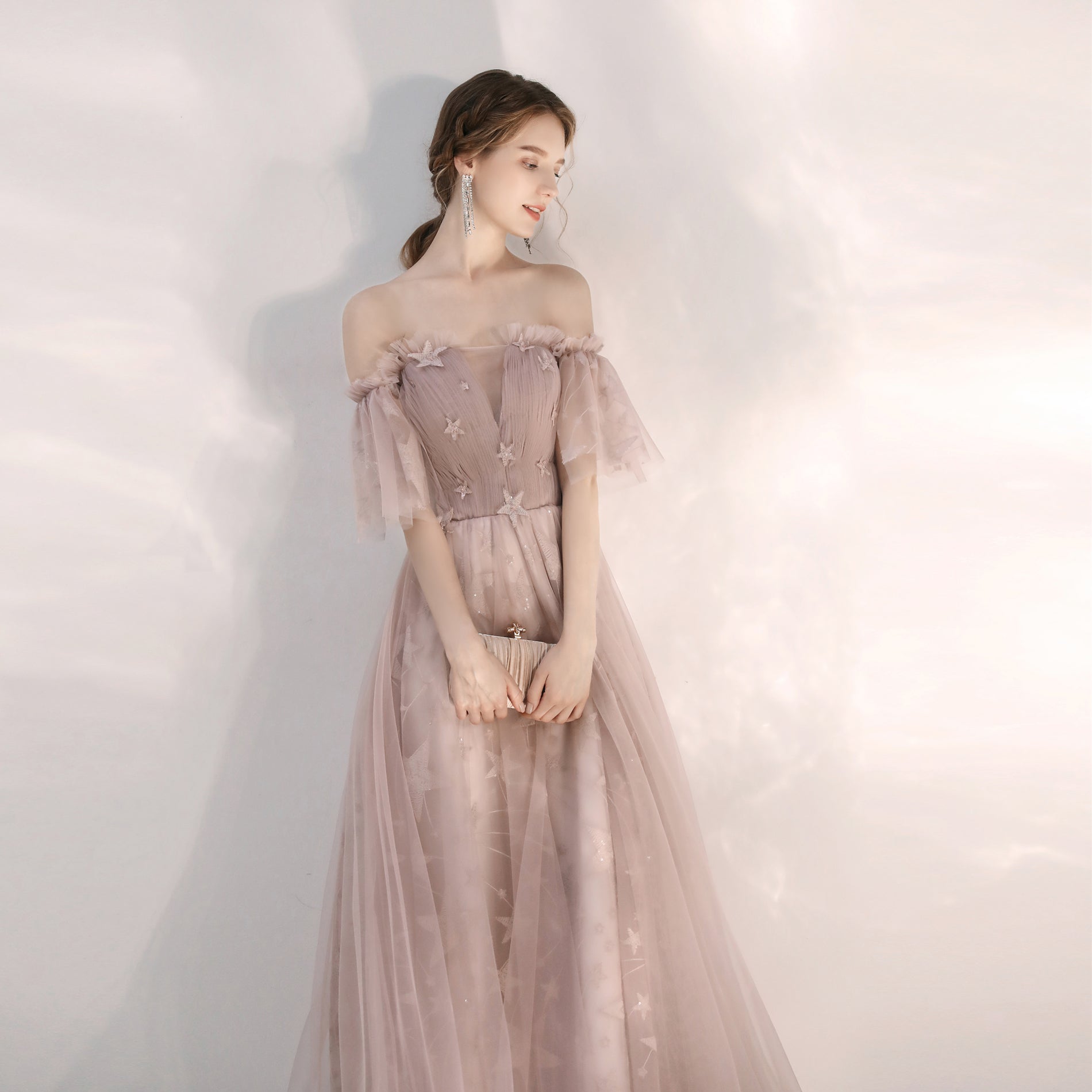 Fairy Flowy Maxi Beige Prom Dress - DollyGown