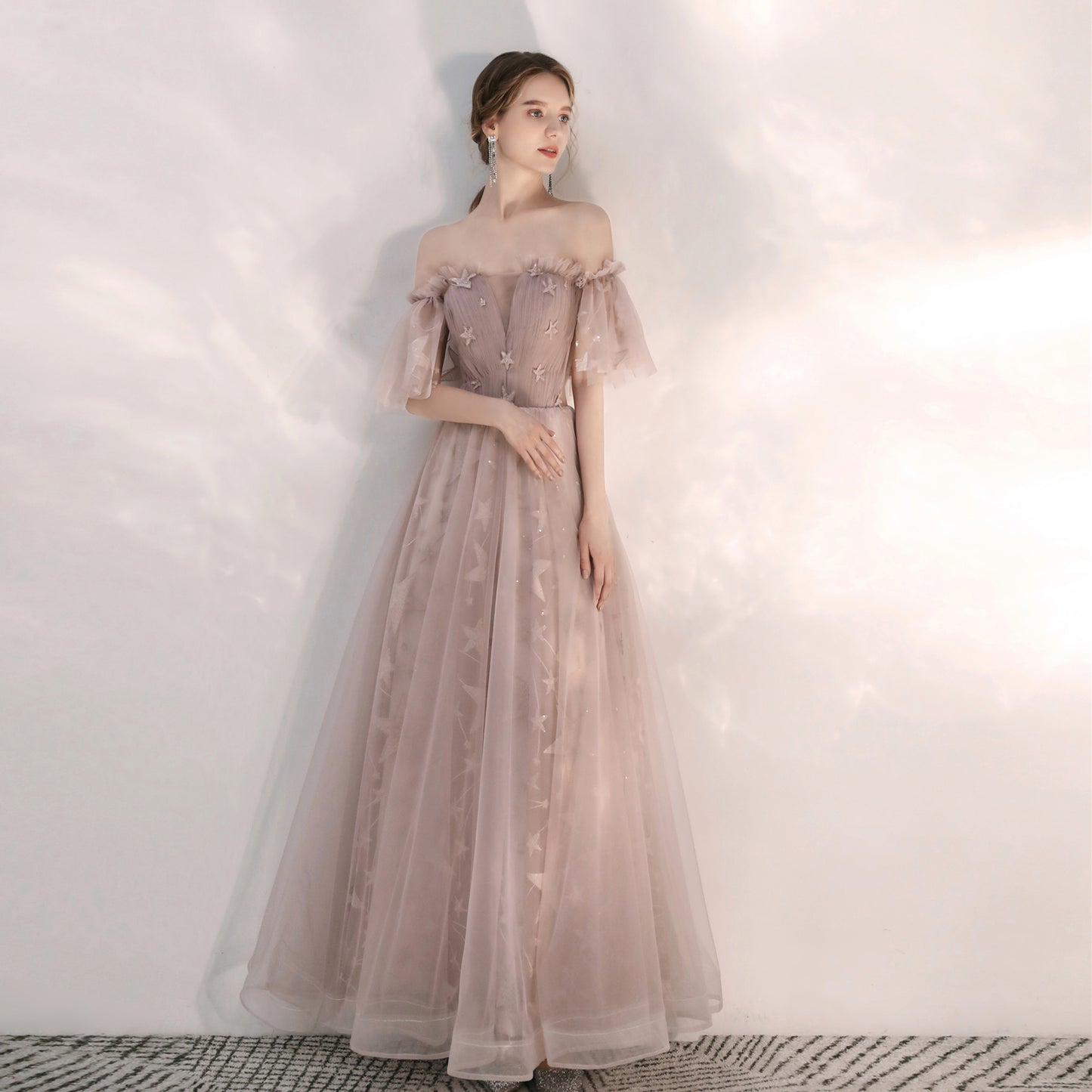 Fairy Flowy Maxi Beige Prom Dress - DollyGown