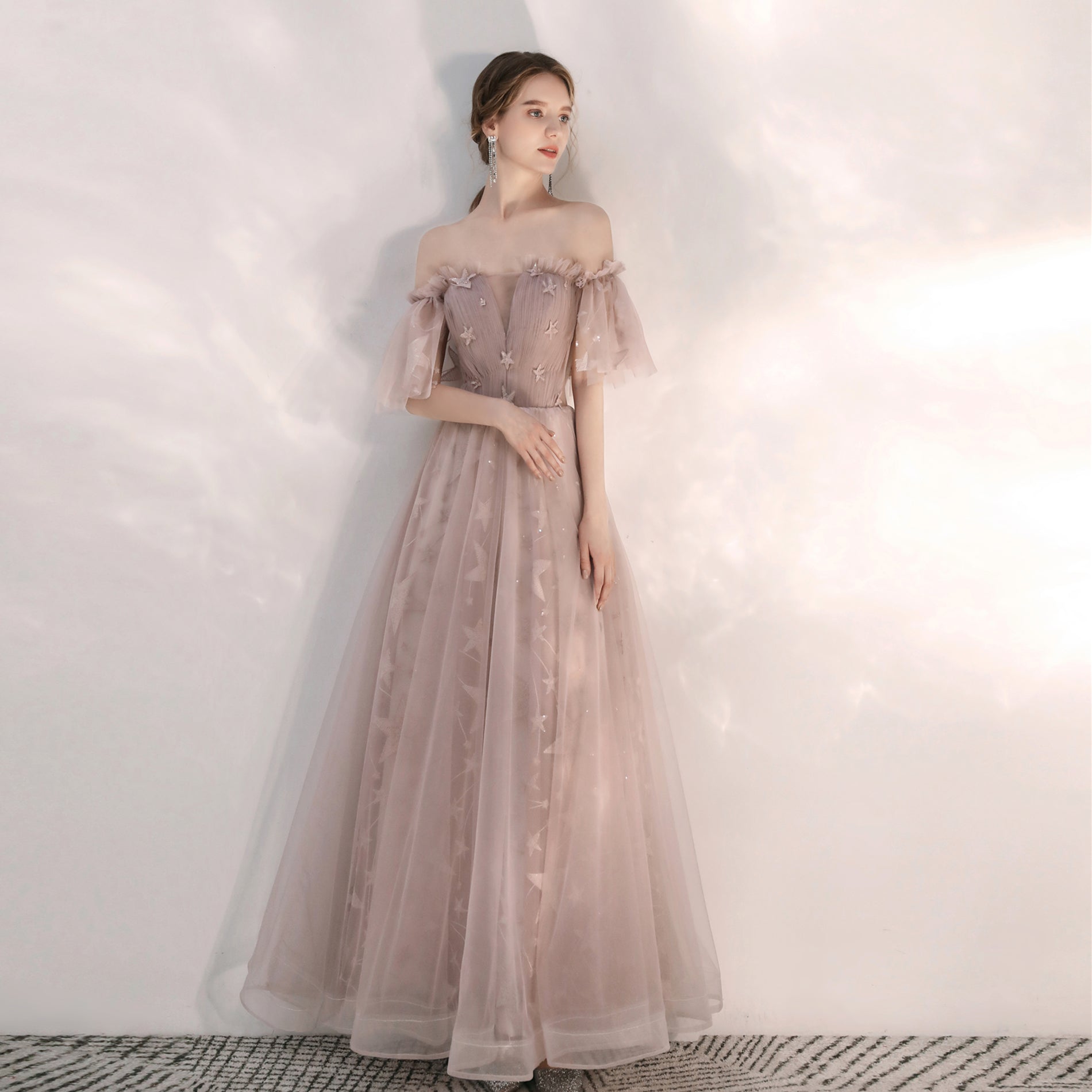 Fairy Flowy Maxi Beige Prom Dress - DollyGown