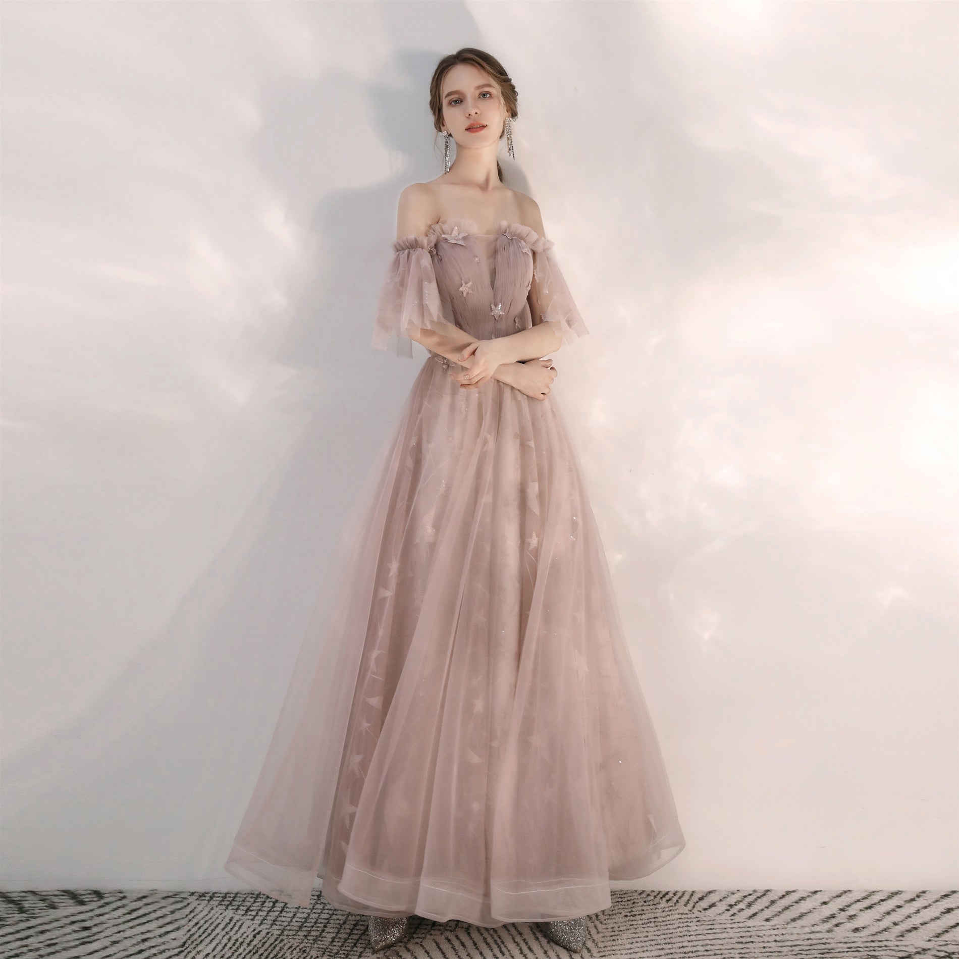 Fairy Flowy Maxi Beige Prom Dress - DollyGown