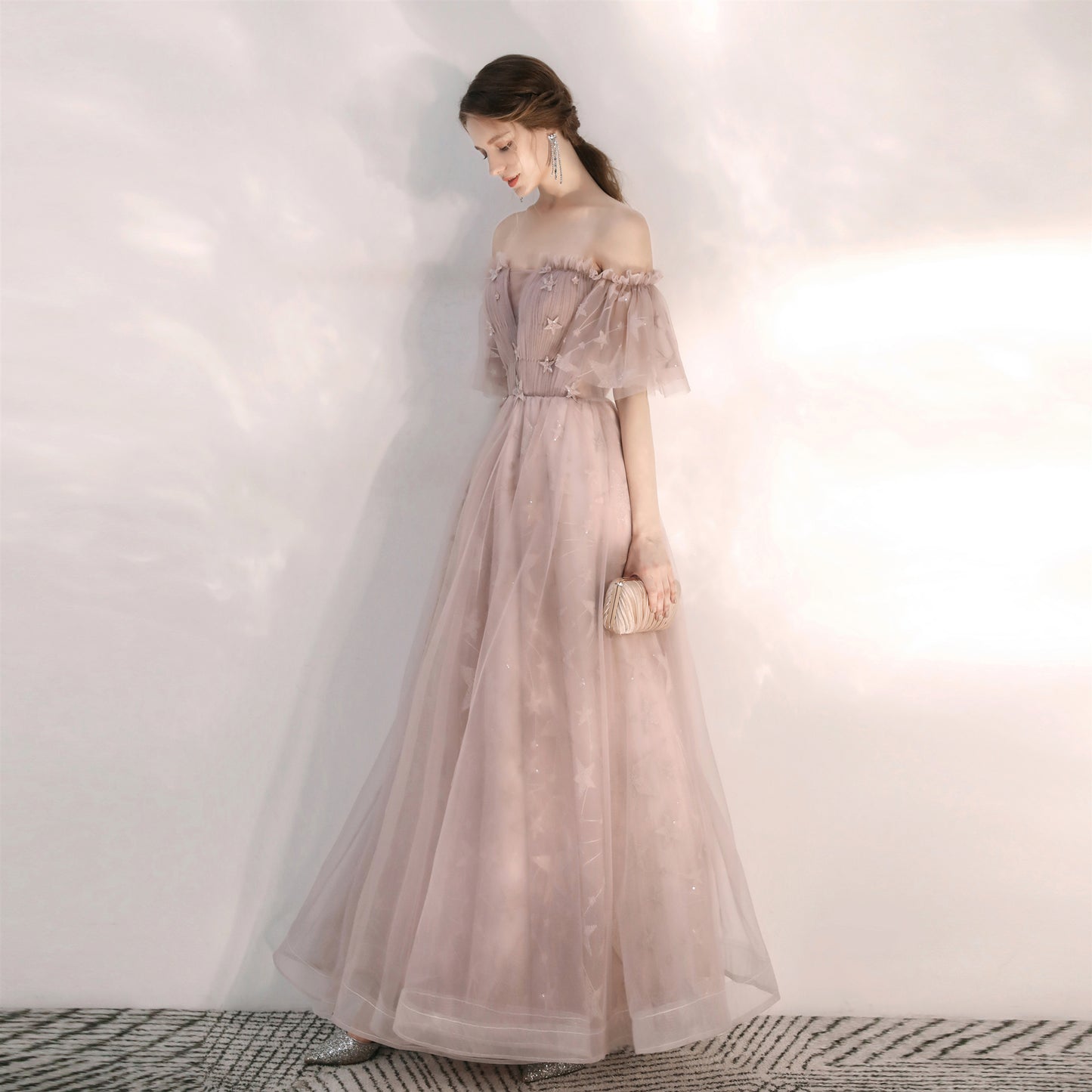 Fairy Flowy Maxi Beige Prom Dress - DollyGown