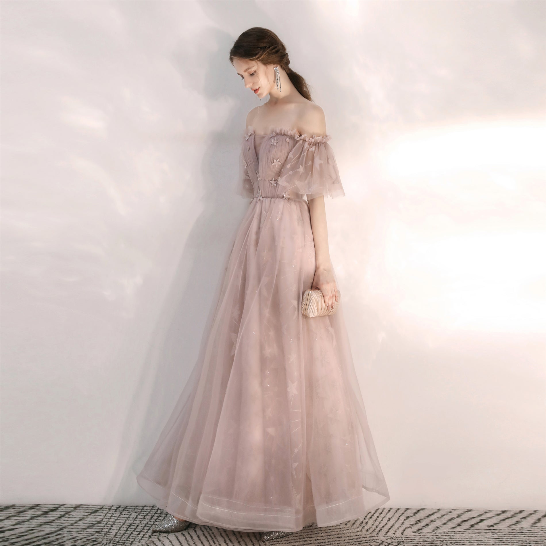 Fairy Flowy Maxi Beige Prom Dress - DollyGown