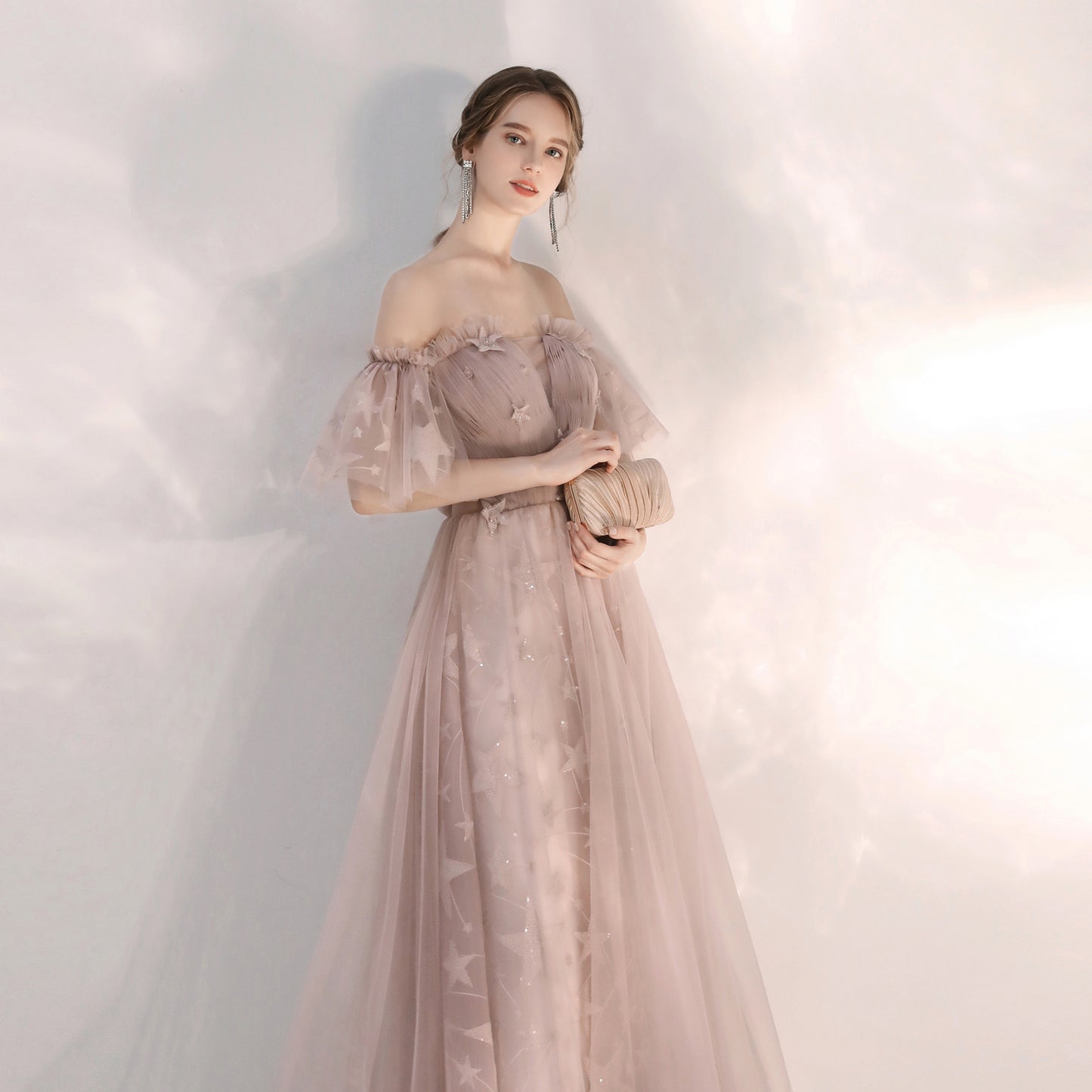 Fairy Flowy Maxi Beige Prom Dress - DollyGown