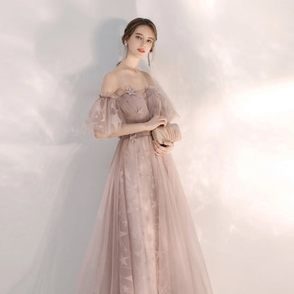 Fairy Flowy Maxi Beige Prom Dress - DollyGown
