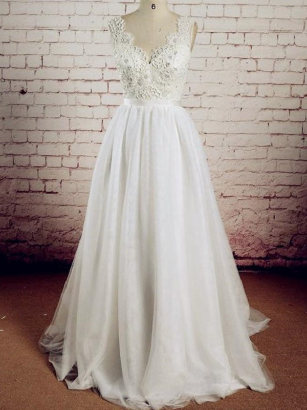 Fairytale Lace Top Tulle Wedding Dress with V Back