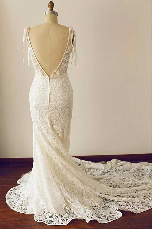 Vintage Lace See Though V neck Sheath Wedding Dress Lace Bridal Gown,GDC1268