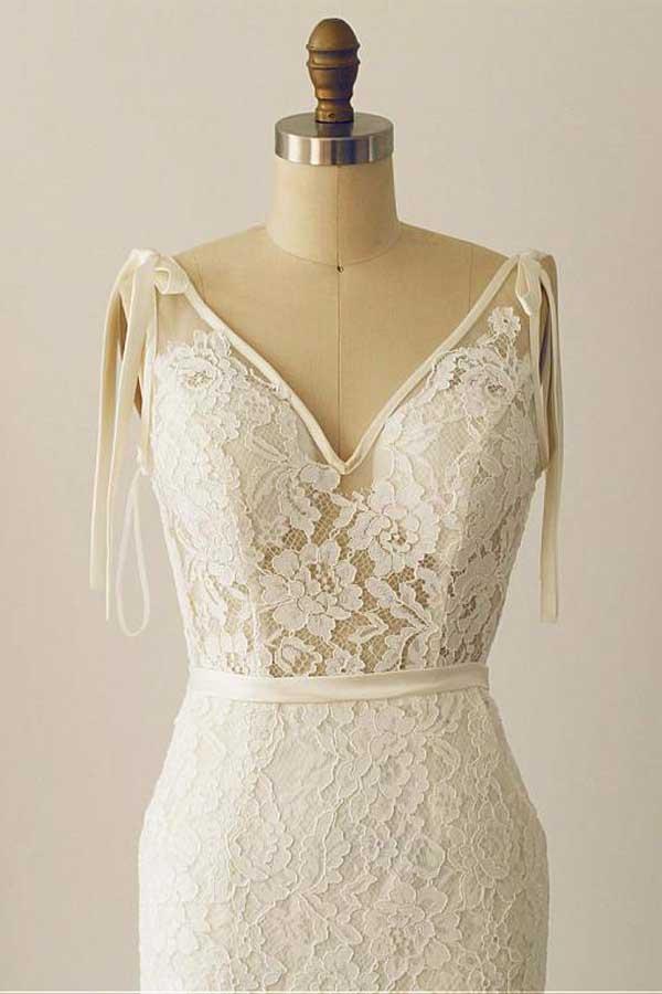 Vintage Lace See Though V neck Sheath Wedding Dress Lace Bridal Gown,GDC1268