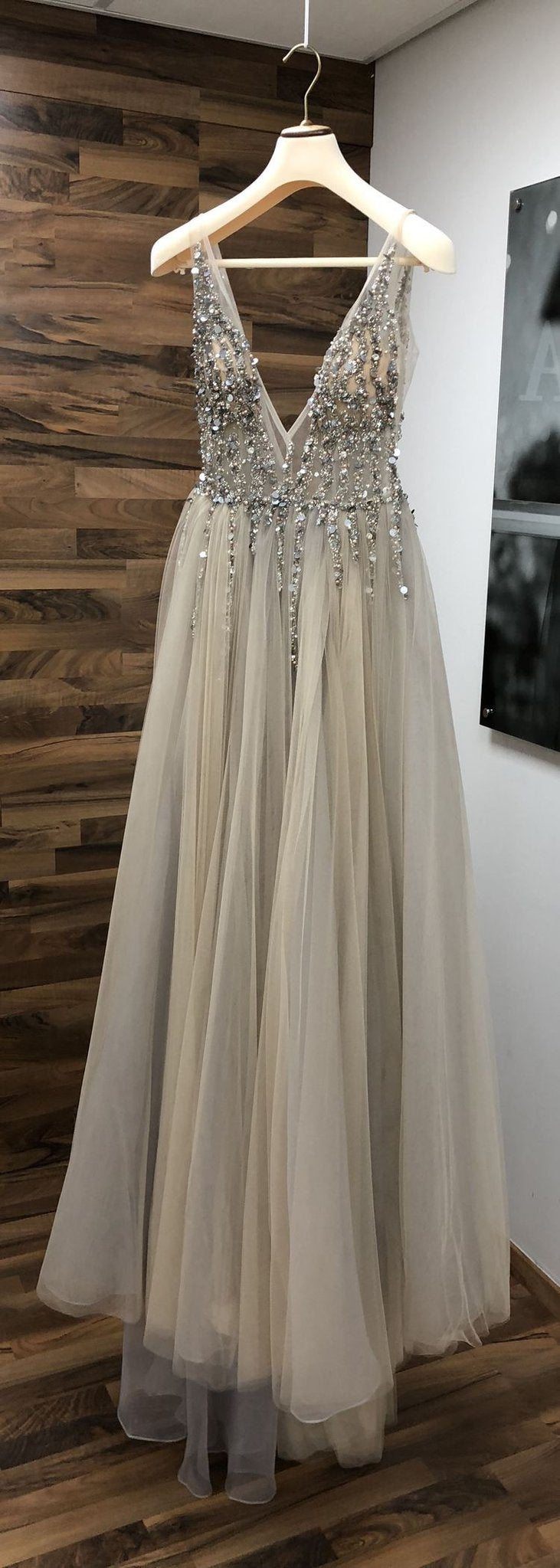 Feminine Plunge V neck See Through Tulle Grey Prom Dress Feminine Plunge V neck See Through Tulle Grey Prom Dress