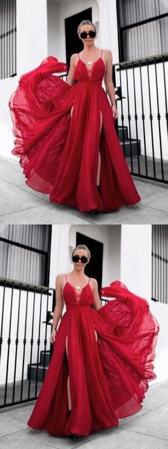 Fashion Red Long Red Prom Dress Sexy Evening Dress Side slit,GDC1001-Dolly Gown