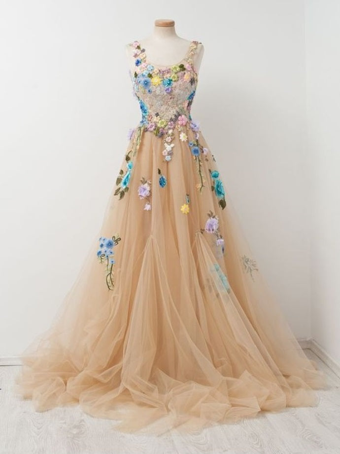 Floral Champagne Tulle FLowy Prom Dress - DollyGown