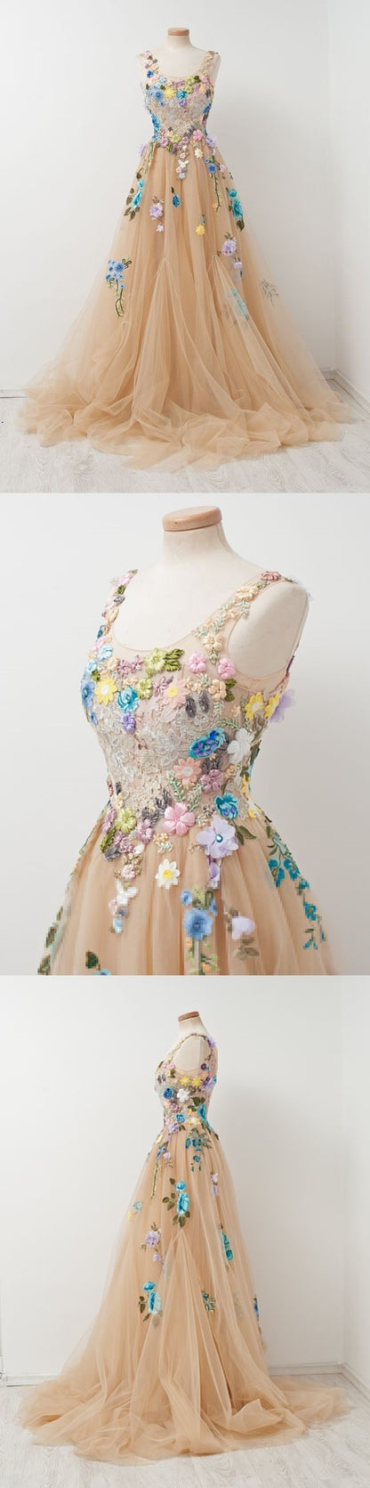 Floral Champagne Tulle FLowy Prom Dress - DollyGown