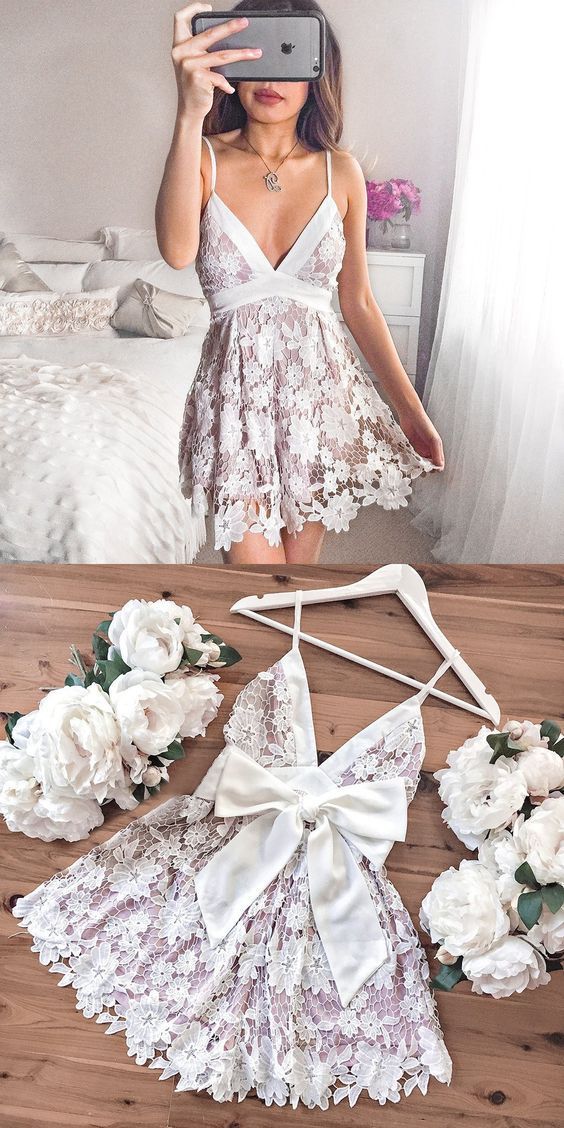 Lace Short Homecoming Dress | White Semi Formal Dress | Graduation Dress Lace Short Homecoming Dress | White Semi Formal Dress | Graduation Dress