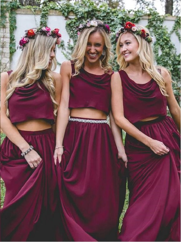 Flowy Boho Burgundy Two Piece Chiffon Bridesmaid Dresses,20081822-Dolly Gown