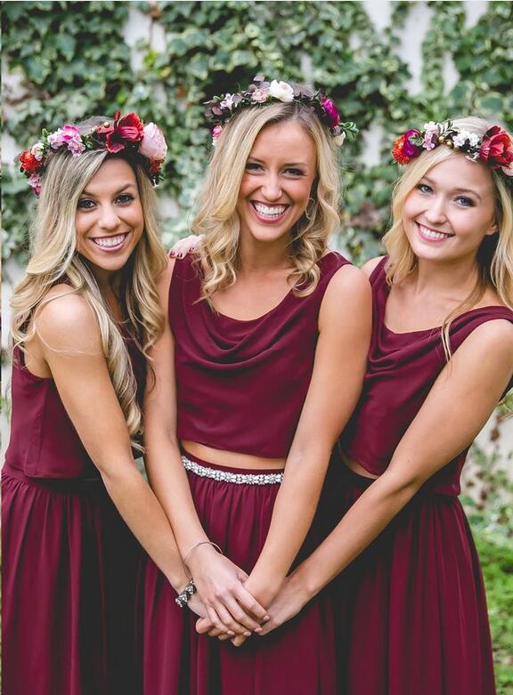 Flowy Boho Burgundy Two Piece Chiffon Bridesmaid Dresses Flowy Boho Burgundy Two Piece Chiffon Bridesmaid Dresses